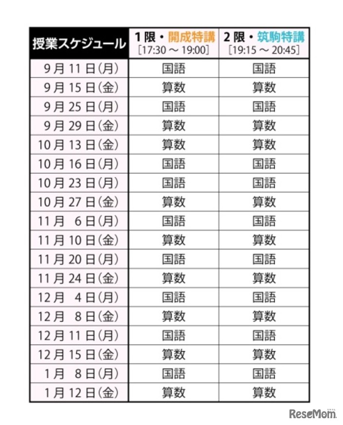 Z会「最難関中学受験プレミアム御茶ノ水校」　授業日程