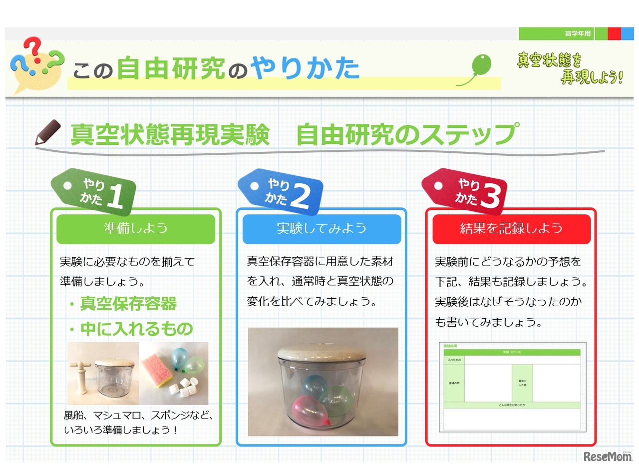 「宇宙の真空状態を再現してみよう！」テンプレートより「真空状態再現実験　自由研究のステップ」