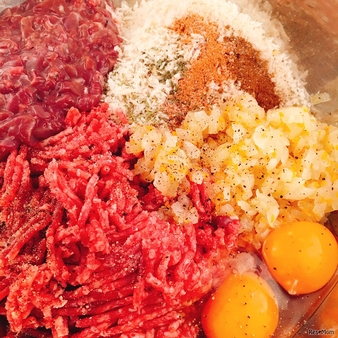 ミートローフの材料。ぜんぶ入ったか、ここでチェックしましょう