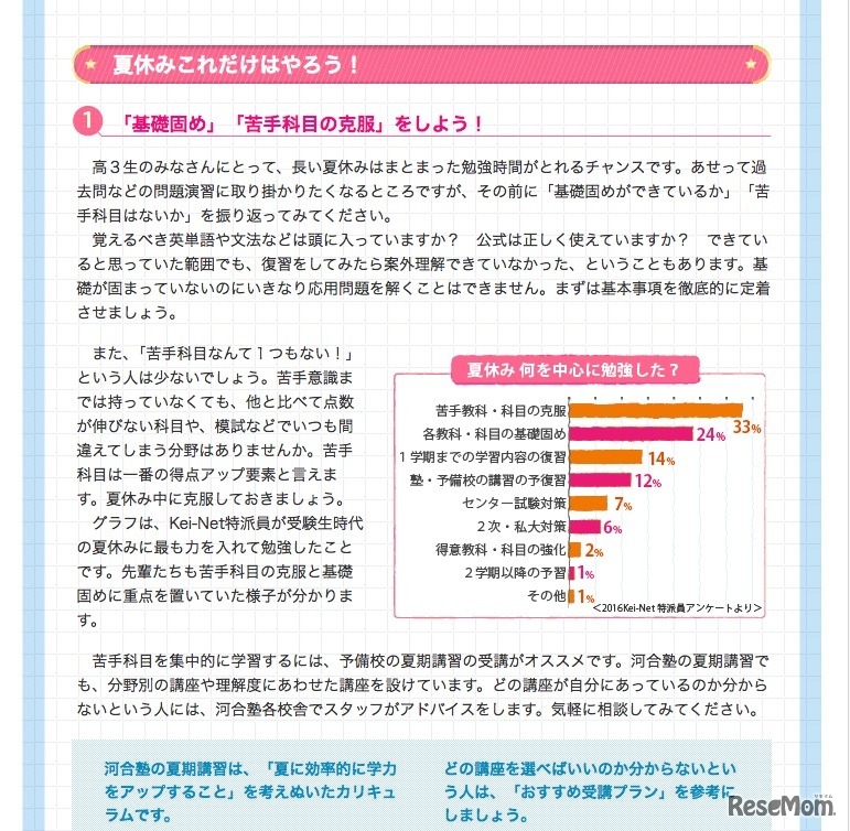 Kei-Net「夏休み40日間の過ごし方」　夏休みこれだけはやろう！（一部）