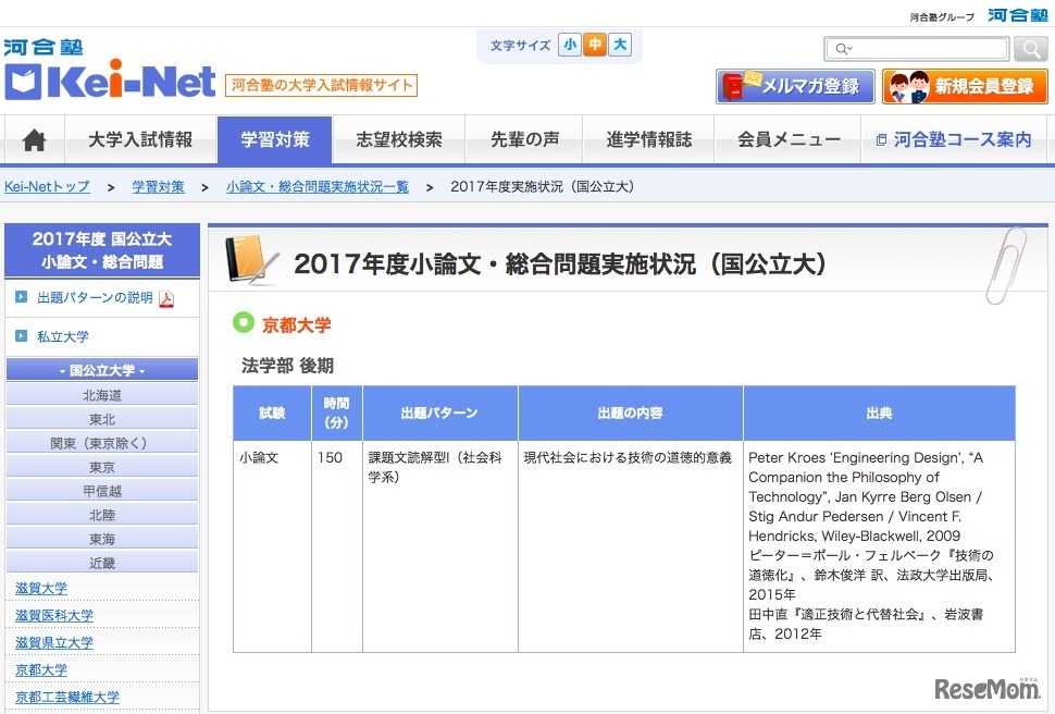 2017年度小論文・総合問題実施状況（京都大学）