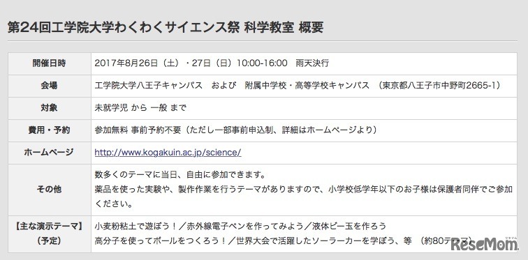 工学院大学わくわくサイエンス祭科学教室の概要