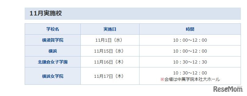 中萬学院 CG啓明館　学校説明会日程（11月）
