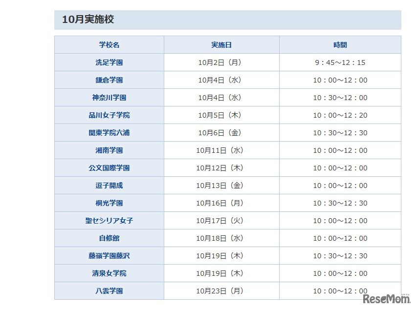 中萬学院 CG啓明館　学校説明会日程（10月）