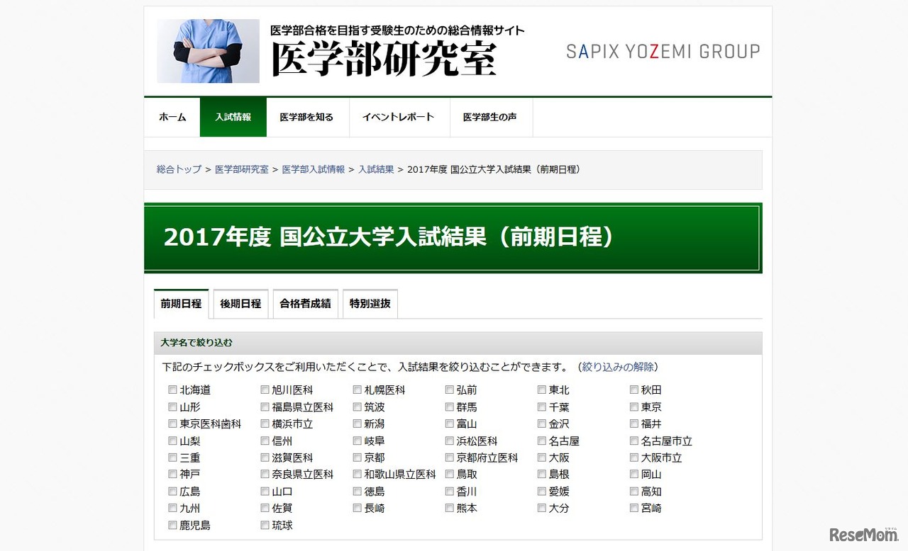 2017年度国公立大学入試結果（前期日程）