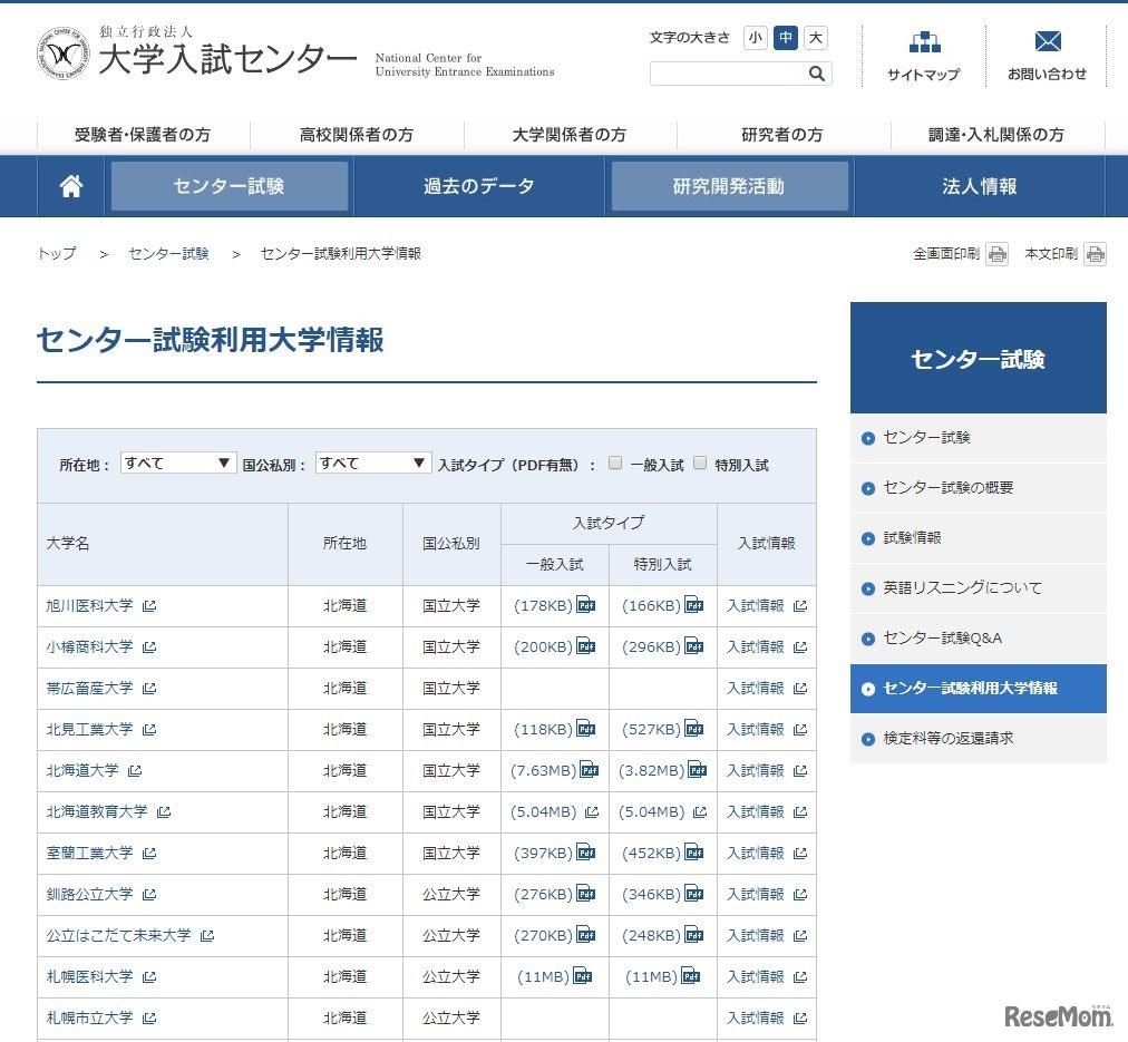 センター試験利用大学情報