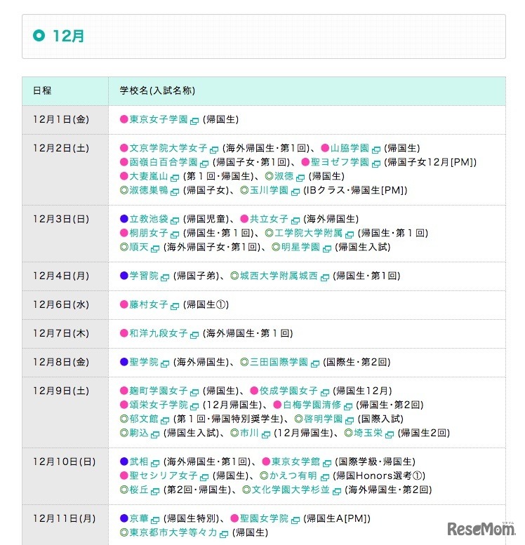 帰国生入試カレンダー（12月・一部）