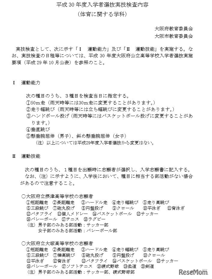 体育に関する学科の実技検査内容（一部）