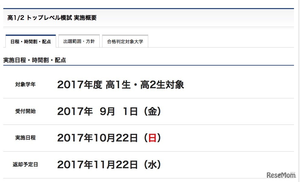高校1～2年生対象の「トップレベル模試」の概要