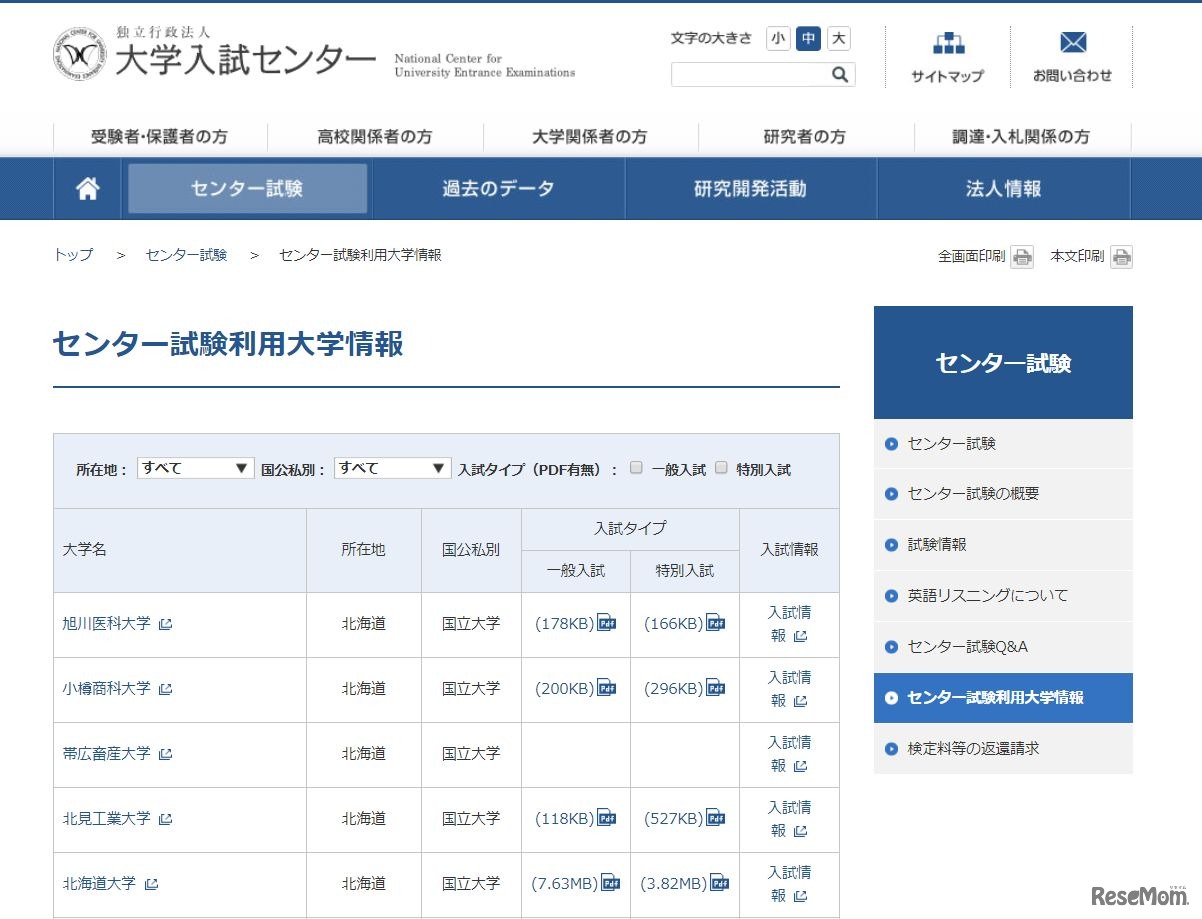 平成30年度（2018年度）　センター試験利用大学情報