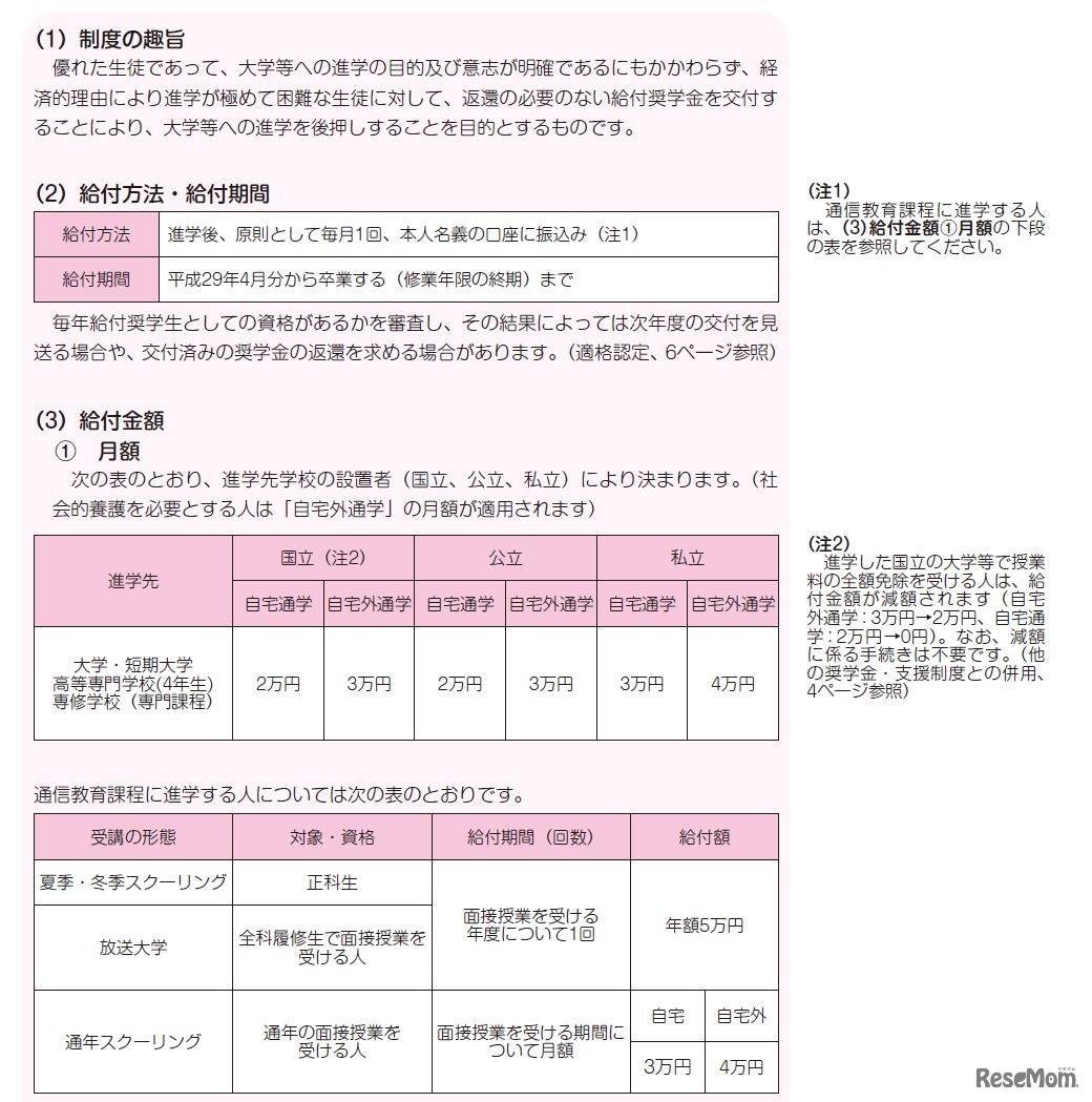 給付奨学金の概要　画像：平成29年度進学者（先行実施分）「給付奨学金を希望する皆さんへ」