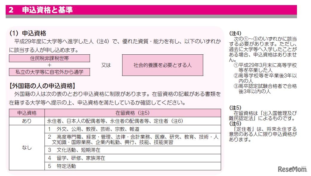 申込み資格と基準1　画像：平成29年度進学者（先行実施分）「給付奨学金を希望する皆さんへ」