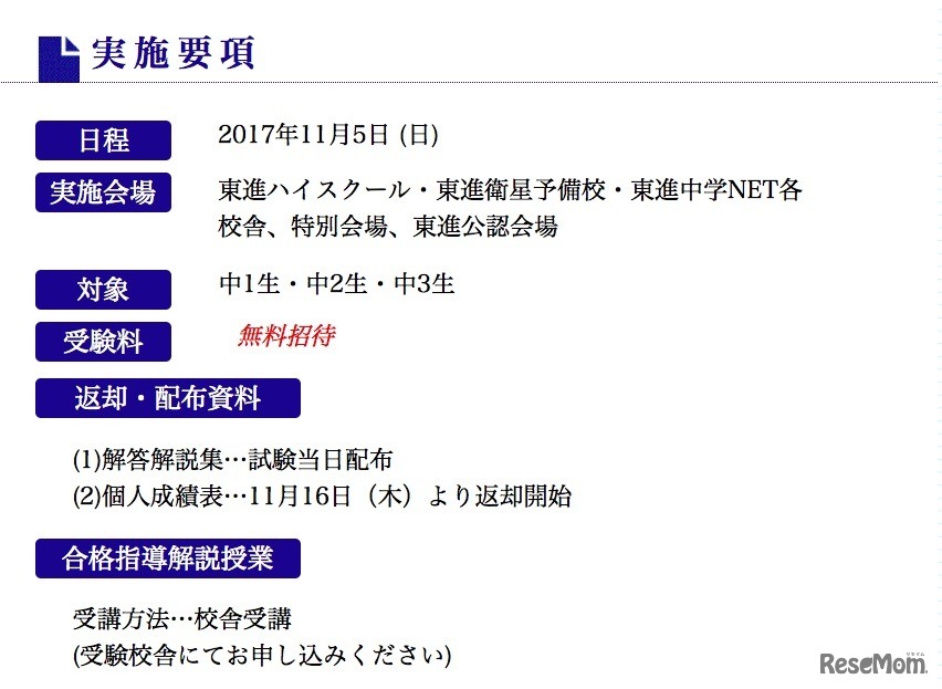 東進「全国統一中学生テスト」の実施要項