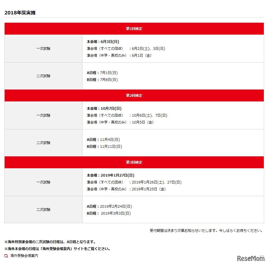 2018年度英検試験　日程