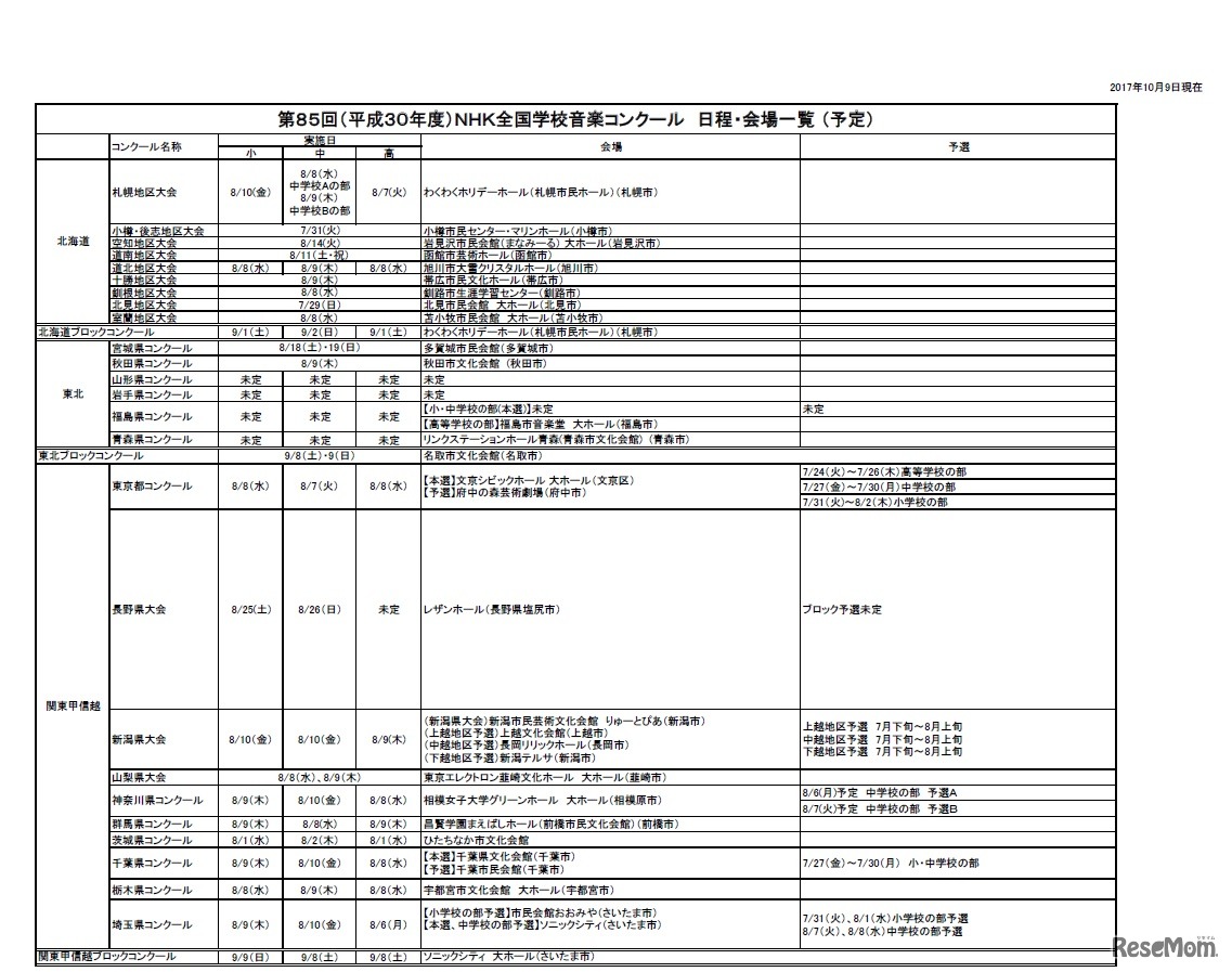 第85回（平成30年度）NHK全国学校音楽コンクール　日程・会場一覧 （予定）※北海道ブロック～関東甲信越ブロック