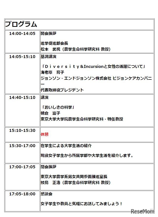「家族でナットク！理系最前線シンポジウム2017」プログラム