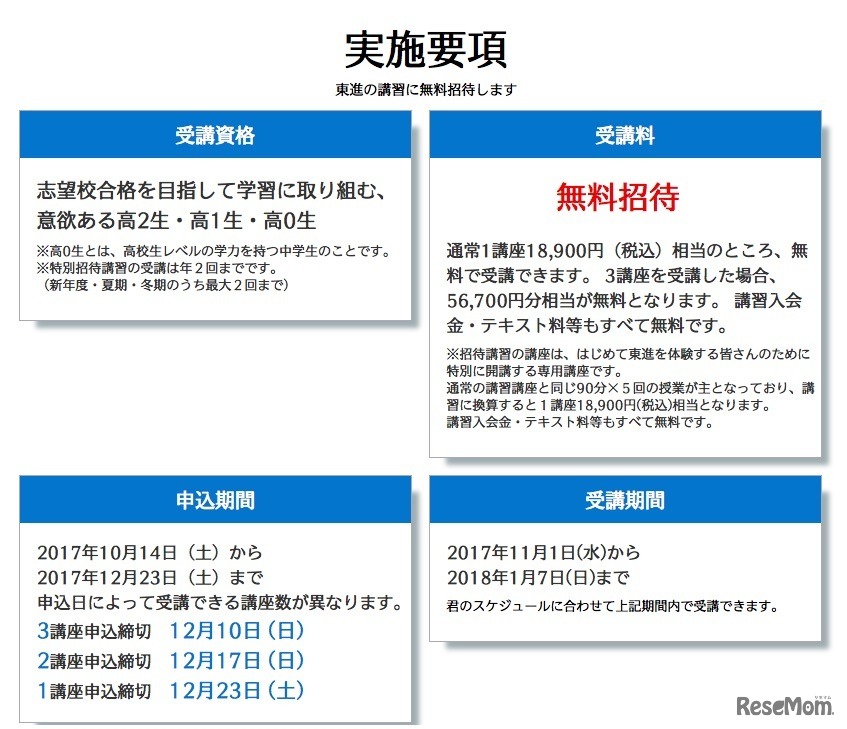 「冬期特別招待講習」の実施要項