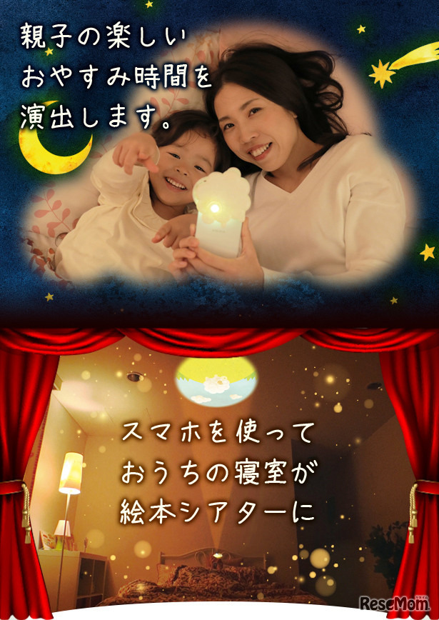 「おそらの絵本」はスマホのLEDライトと専用プロジェクターとディスクを使い、お部屋の天井に絵本を映し出すアイテム