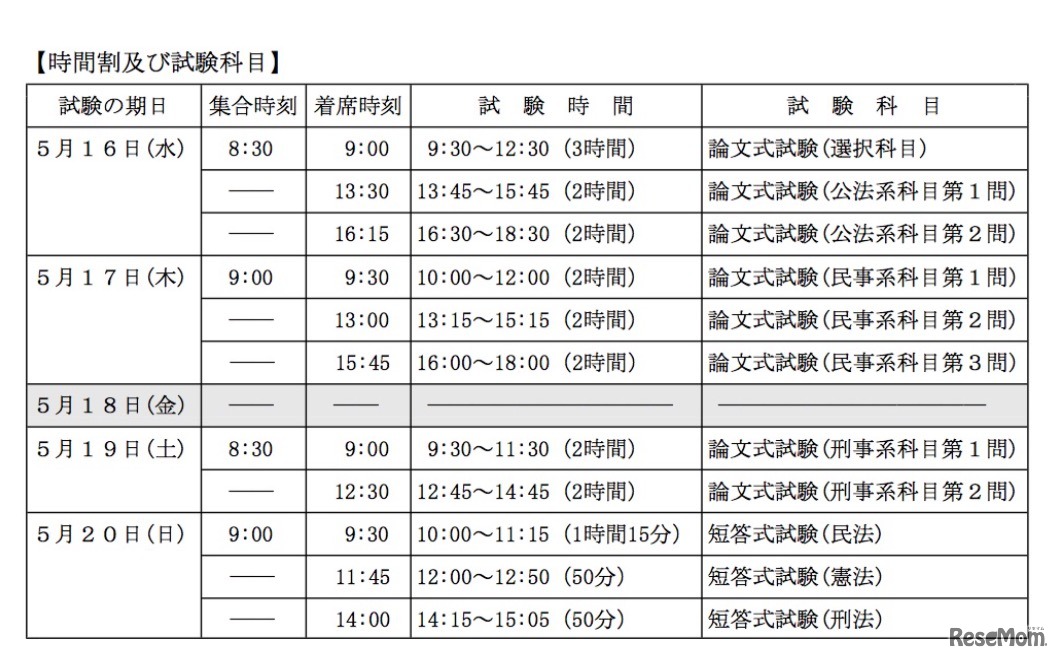 法務省「平成30年度司法試験　時間割および試験科目」
