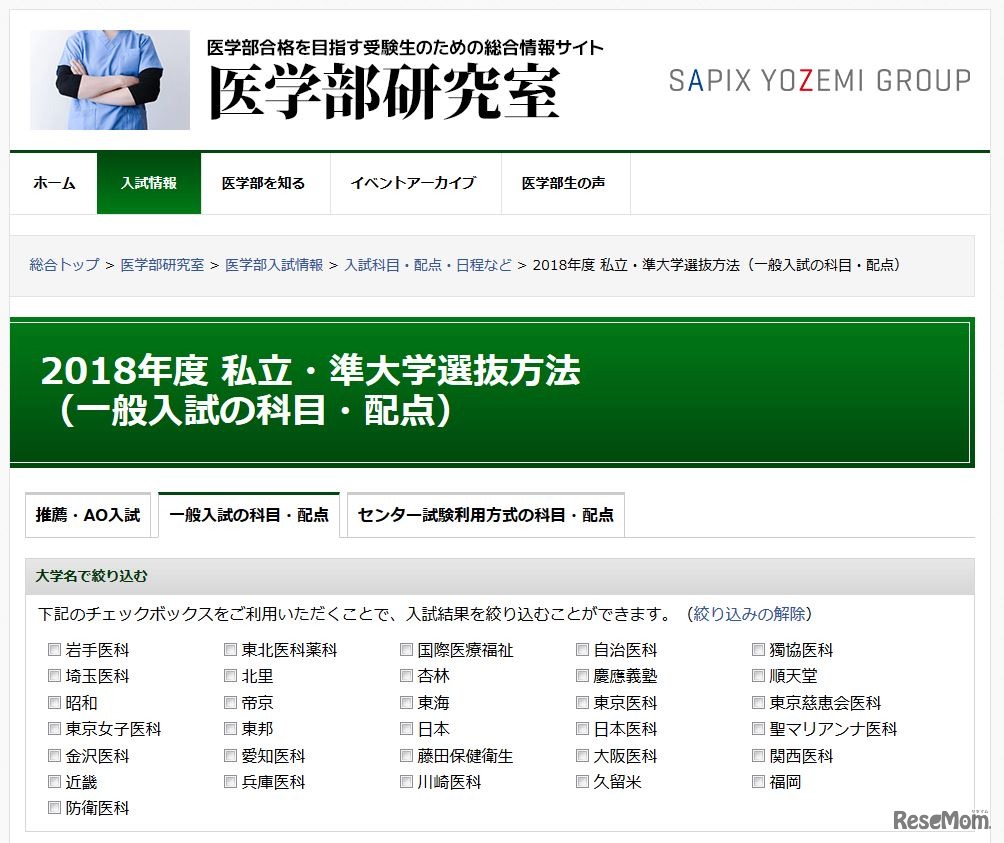 医学部研究室　2018年度 私立・準大学選抜方法