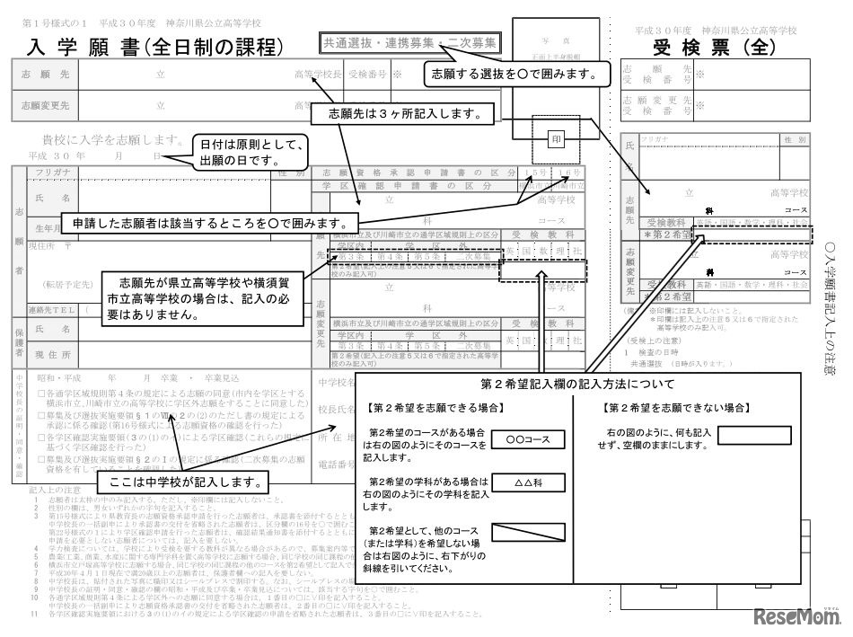 平成30年度神奈川県公立高等学校入学者選抜・願書記入上の注意