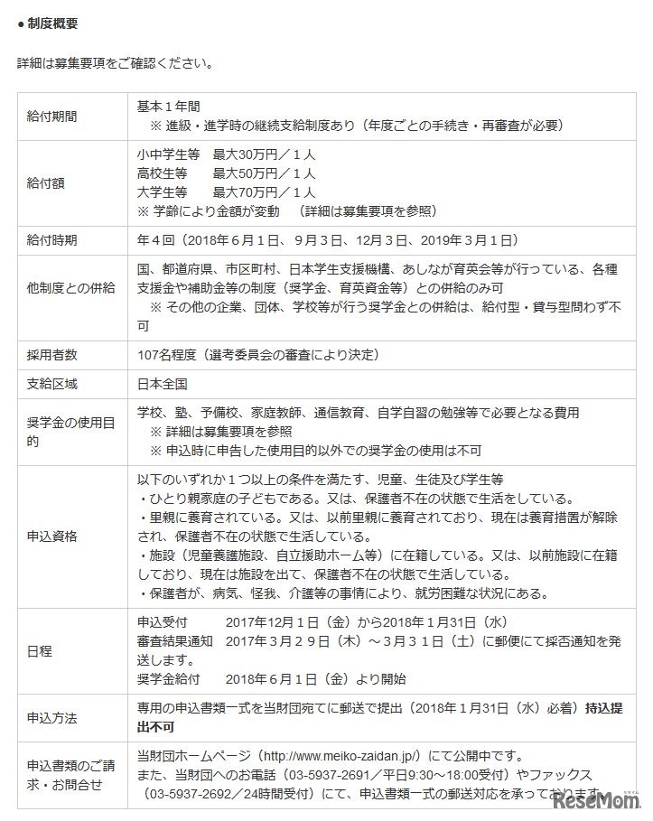 明光教育研究所　第4回給付奨学金の制度概要