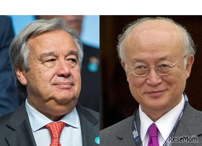 国連の事務局長「グテーレス」氏（左）と国際原子力機関（IAEA）の事務局長である天野 之弥氏（右）　(Photo by Lukas Schulze/Getty Images)(Photo by Ron Sachs-Pool/Getty Images)