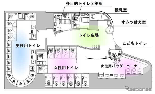リニューアル後のトイレの平面図。ブースの増設や多目的トイレの機能分散などが図られる。