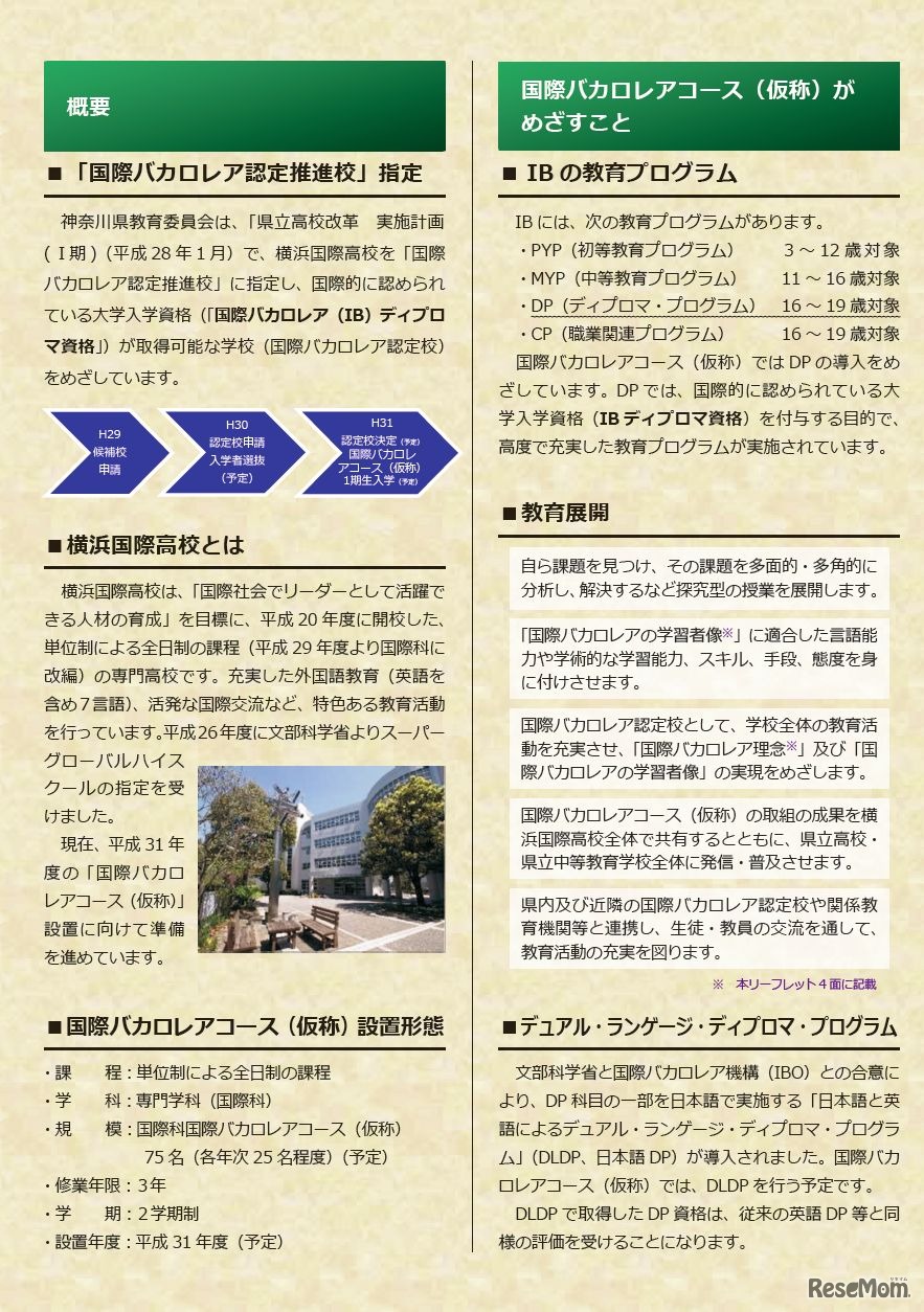 リーフレット「横浜国際高等学校国際科　国際バカロレアコース（仮称）設置に向けて」　概要・理念ほか