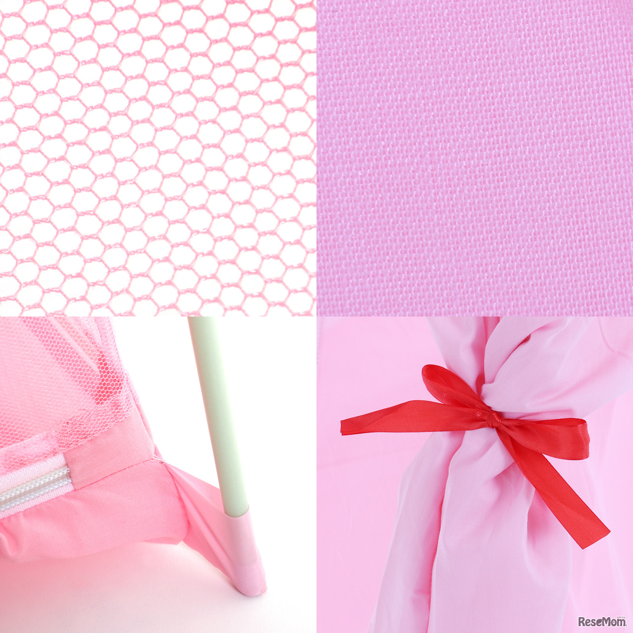 「夢かわピンク」生地仕様イメージ　カーテンを束ねるタッセルには赤いリボンを使用