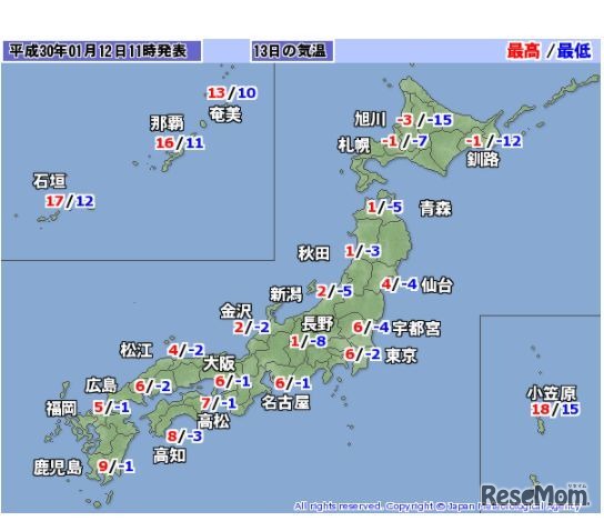 平成30年1月13日の気温（画像は平成30年1月12日午前11時発表）