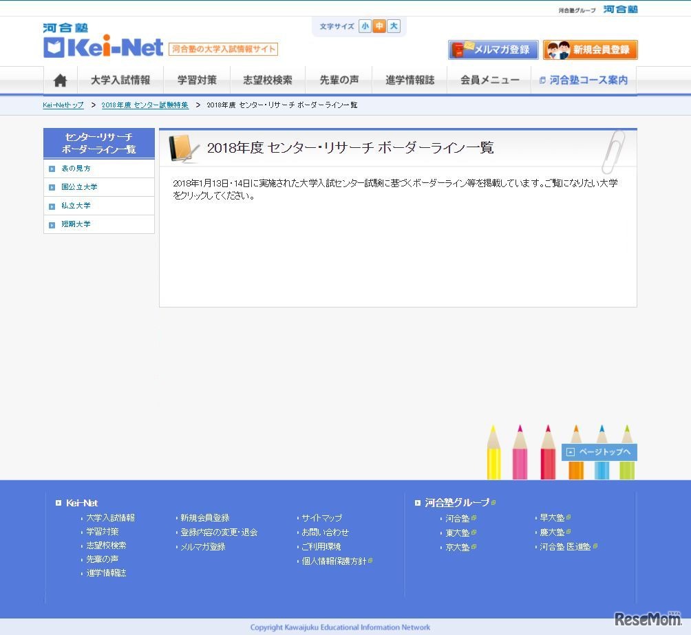 河合塾「2018年度センター・リサーチ ボーダーライン一覧」