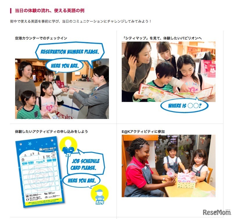 当日の流れ、使える英語の例（一部）