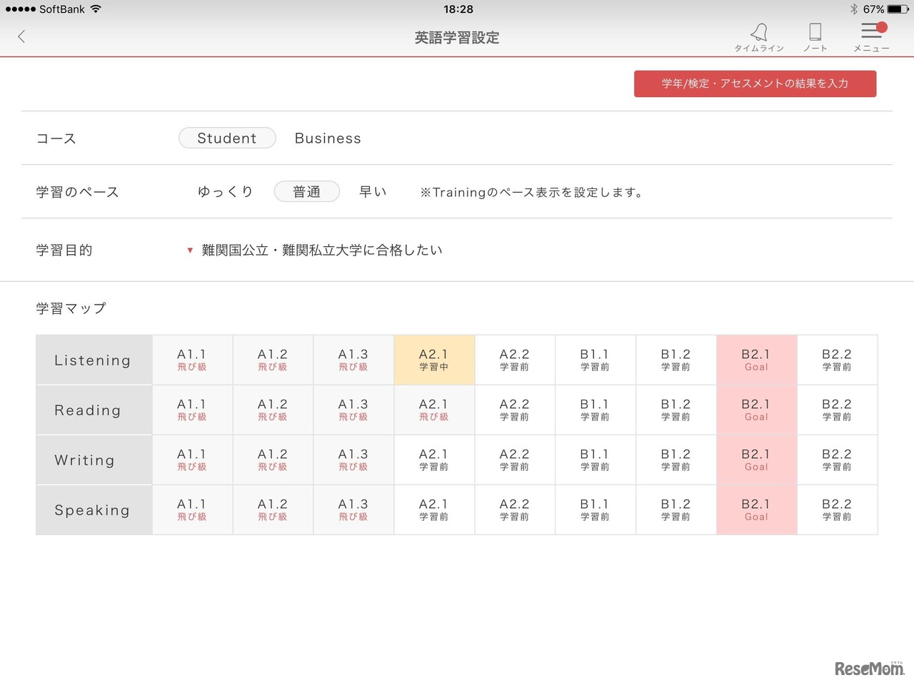 学習マップで、現在のレベルとゴールがわかる