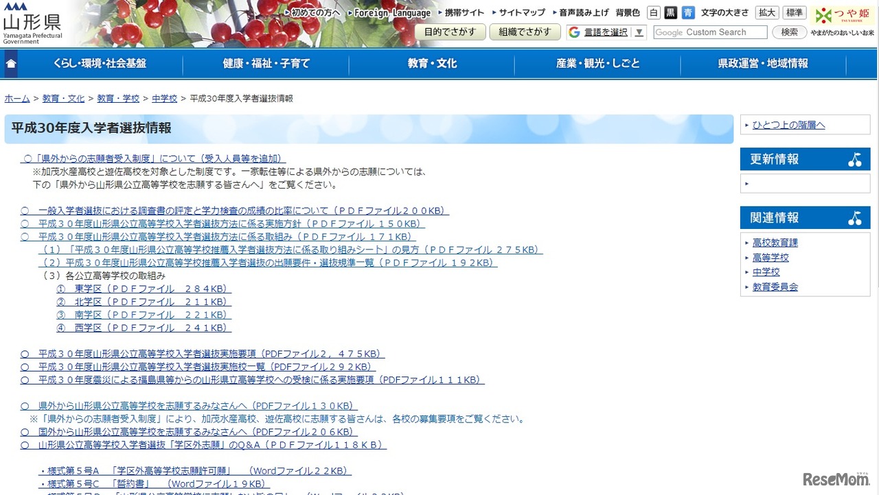 山形県「平成30年度入学者選抜情報」
