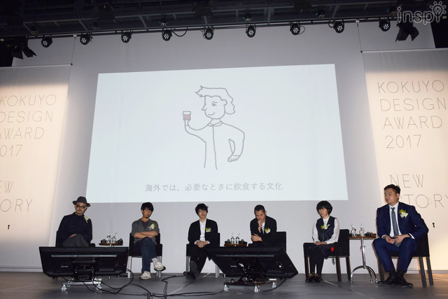 「コクヨデザインアワード2017」トークショー／左から植原亮輔氏、川村真司氏、佐藤オオキ氏、鈴木康広氏、渡邉良重氏、黒田社長