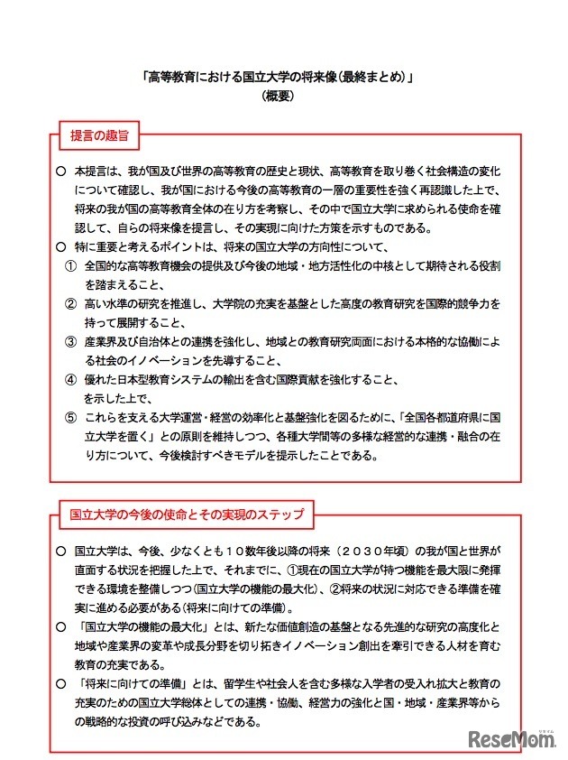 「高等教育における国立大学の将来像（最終まとめ）」の概要