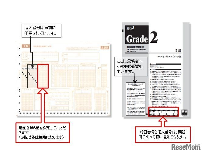 個人番号の記載場所（解答用紙・問題冊子控え、準会場受験者向け）