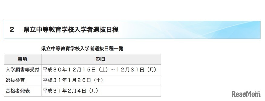 平成31年度群馬県立中等教育学校入学者選抜日程