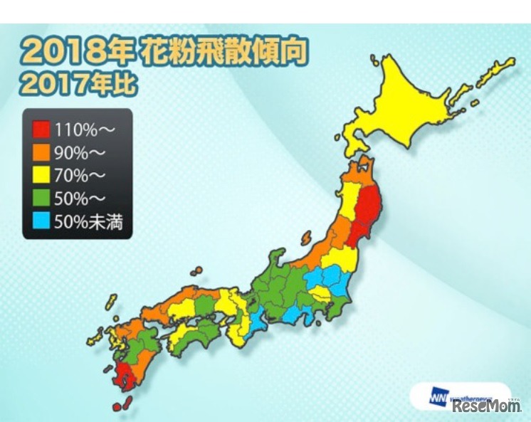 2018年花粉飛散傾向（2017年比）