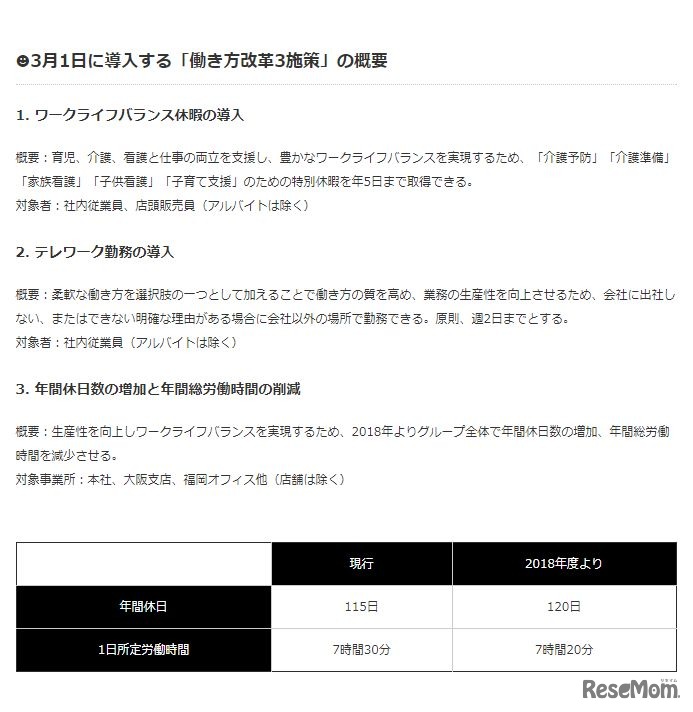 3月1日に導入する「働き方改革3施策」の概要