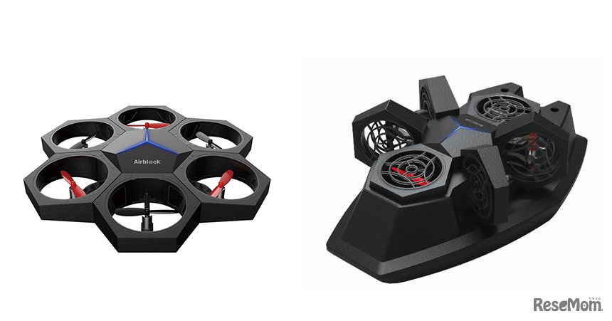 Makeblockシリーズの知育ドローン「Airblock」は、飛ばすことも、水上を走らせることもできる（左：ドローン型／右：ホバークラフト型）