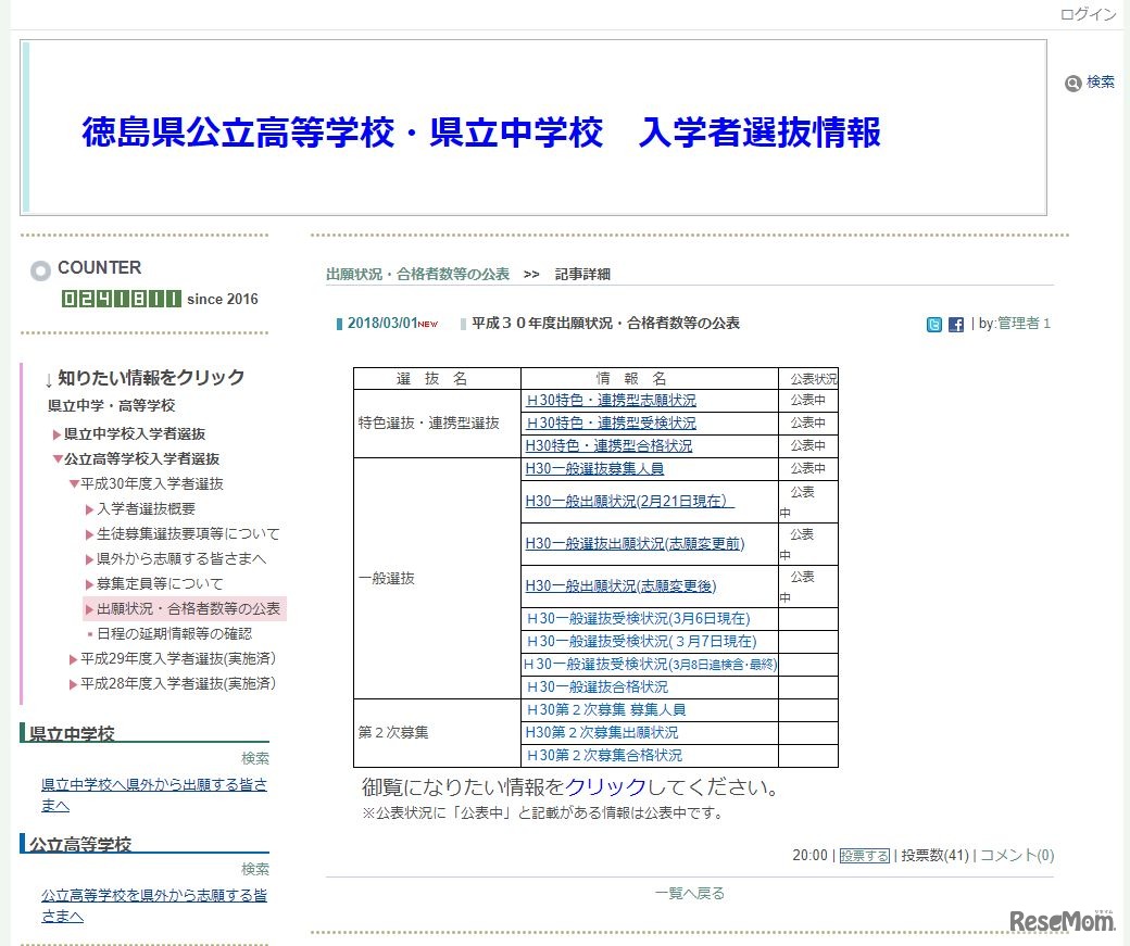 徳島県公立高等学校・県立中学校　入学者選抜情報