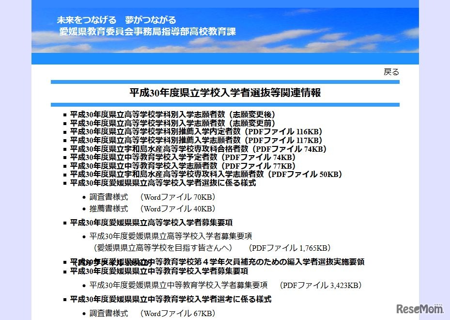 平成30年度県立学校入学者選抜関連情報