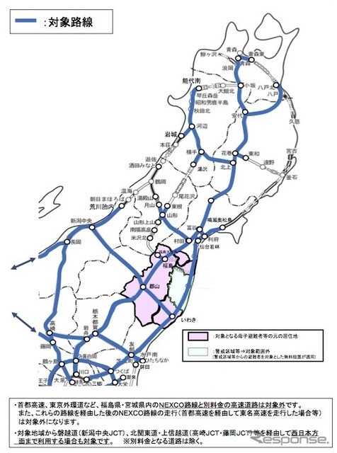 原発事故による母子避難者で高速道路料金が無料になる対象路線（東日本エリア）