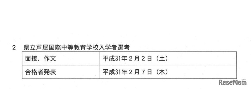 平成31年度兵庫県立芦屋国際中等教育学校入学者選考の日程