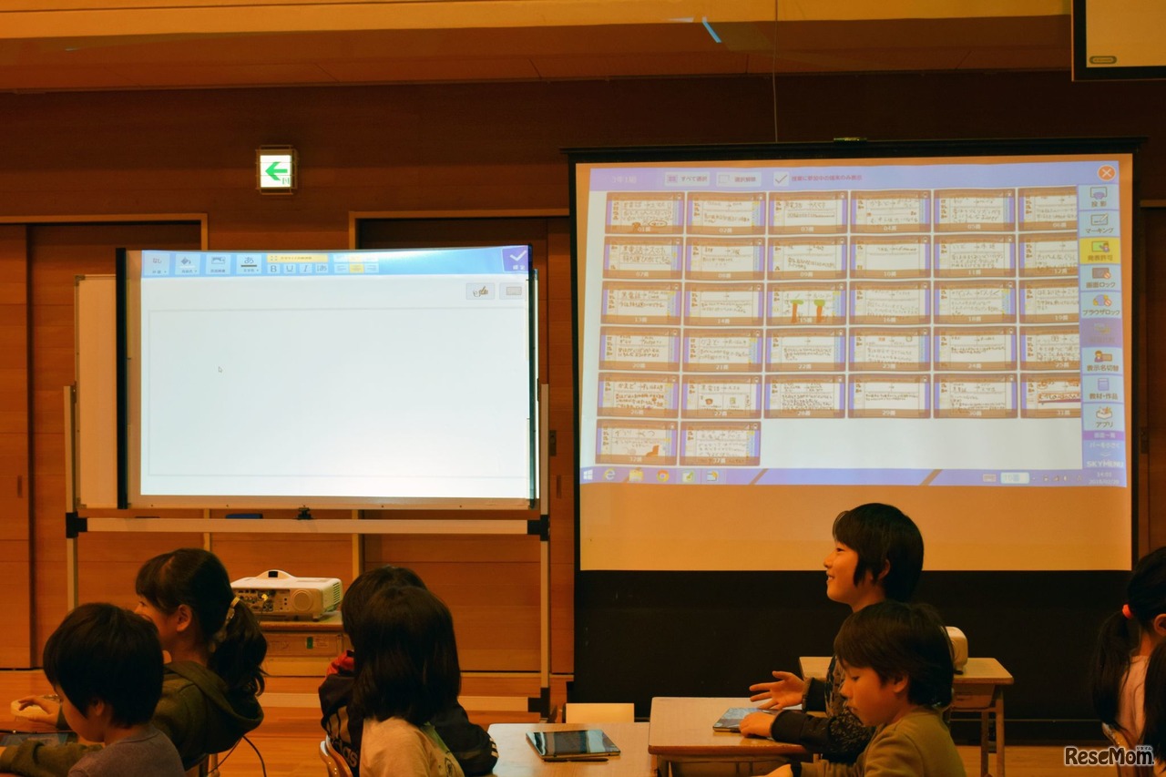 電子黒板も利用。興味深い回答を先生が選んで映し出し、発表してもらうことも可能だ
