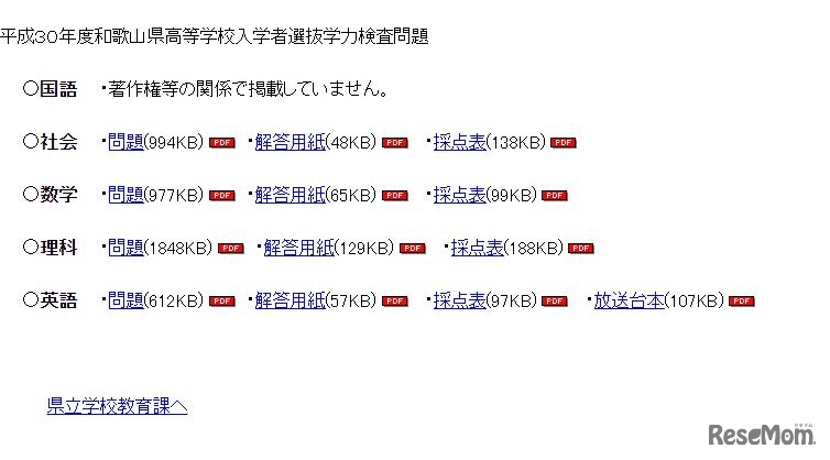 平成30年度和歌山県高等学校入学者選抜学力検査問題