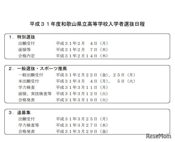 平成31年度和歌山県立高等学校入学者選抜日程