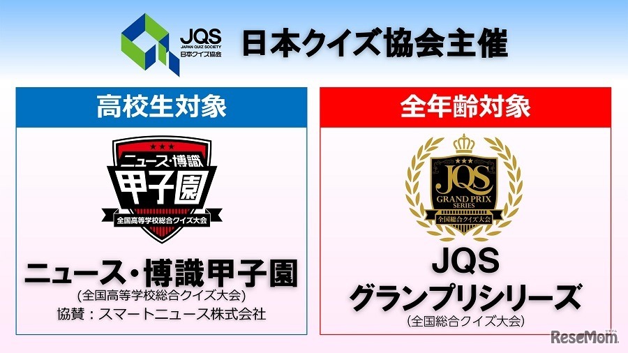 日本クイズ協会（JQS）は、「ニュース・博識甲子園（全国高等学校総合クイズ大会）」と「JQSグランプリシリーズ（全国総合クイズ大会）」を創設